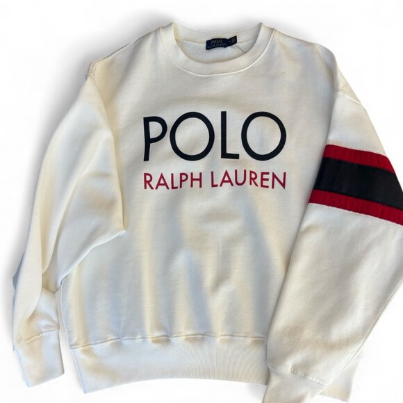 Polo Ralph Lauren Logo Leather Sweatshirt Red Black Stripe Unisex Size MM - Picture 3 of 13